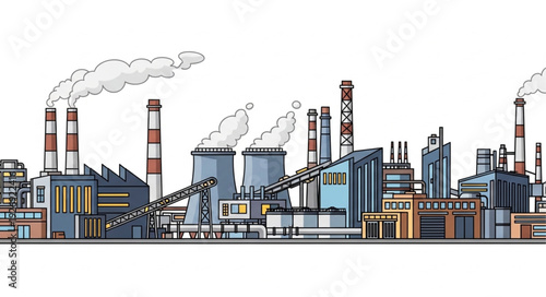 Industrial complex illustration depicting factories with smoke stacks and emissions, pollution.
