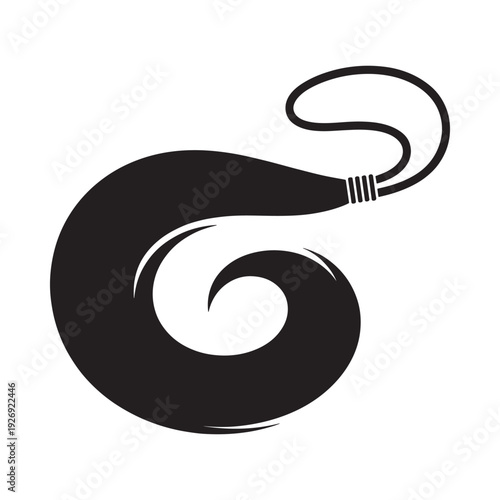 Black and white illustration of a stylized swirling koru like shape