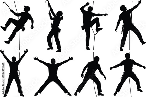 Black silhouette rock climbers rappelling and descending with rope isolated on white background extreme sport adventure vector illustration collection