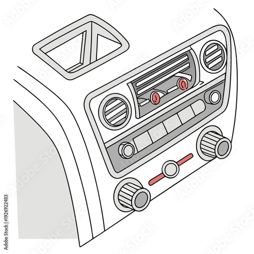 Close-up illustration of a car's dashboard control panel with radio and air conditioning