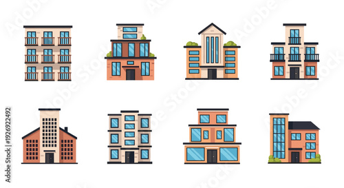 collection of hand drawn modern urban buildings with large windows and balconies set