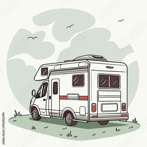 Cozy campervan parked on a grassy hill under a stylized cloudy sky, ready for adventure
