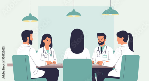 group of doctors in white coats having meeting in office flat illustration