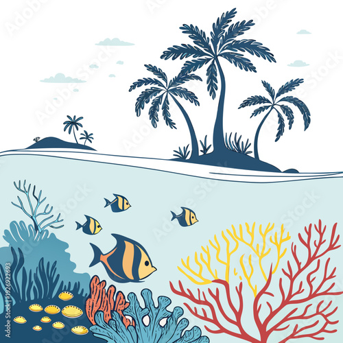 Tropical island silhouette with palm trees above a vibrant coral reef teeming with colorful fish.