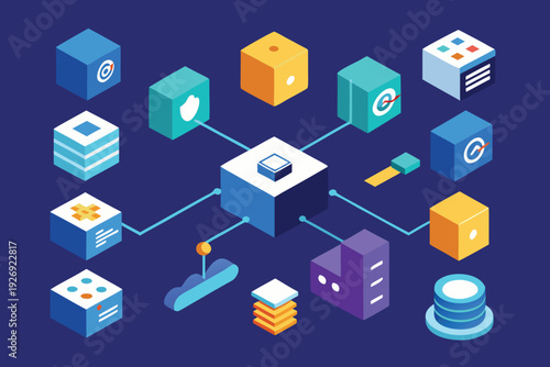Core system linking diverse data blocks security shield database and technology elements