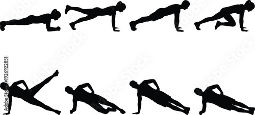 Black silhouette woman demonstrating push up and side plank exercise sequence isolated on white background fitness workout training vector illustration set