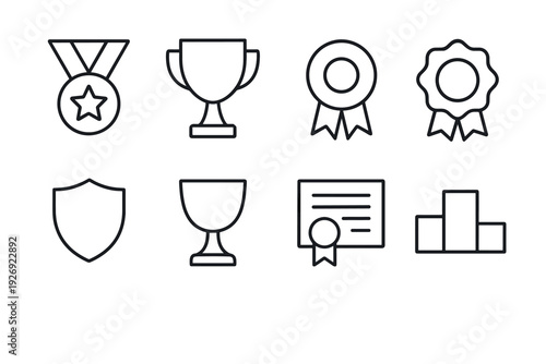 set of award and achievement icons in hand drawn outline style including medal trophy ribbon shield certificate and podium