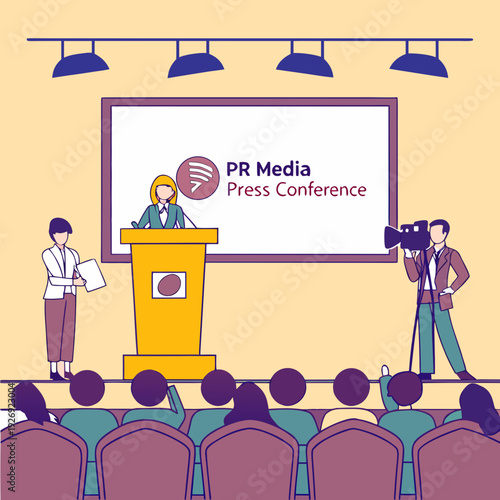 PR Media Press Conference Event with Female Speaker at Podium, Cameraman, and Audience - Public Relations and Communication Illustration