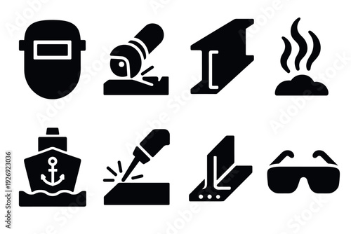 set of welding and metalwork icons with safety equipment and ship silhouette in black vector