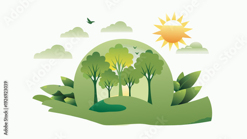 A vibrant illustration of nature showcasing greenery, sun, and calm skies.