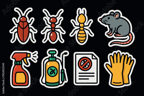 pest control icons set with hand drawn style including bugs rat spray gloves and document