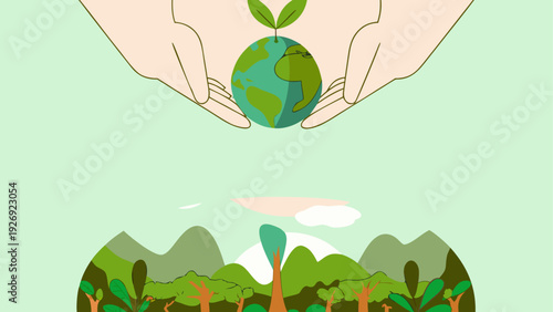 Hands cradling the earth with a landscape of greenery and clouds below