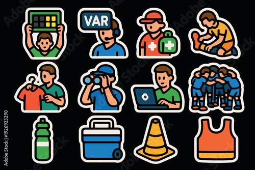 set of hand drawn soccer referee and team management icons in colorful outline style