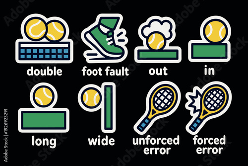 tennis rules and errors icons set in hand drawn style for sports education and coaching