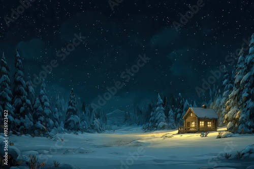 Winter Night Landscape With Snow Covered Trees and a Glowing Cabin Under a Starry Sky in Pixel Art Style