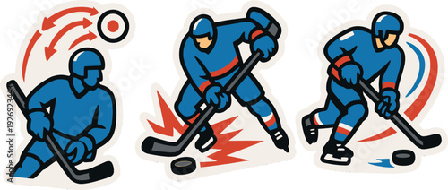 three hand drawn ice hockey players in motion with puck and action arrows illustration