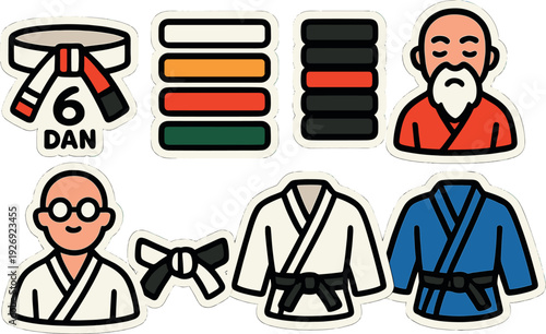 martial arts belt ranks and dojo master icons hand drawn vector illustration set