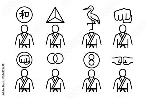 set of martial artist icons with symbolic hand drawn line art style for fighting and training concepts