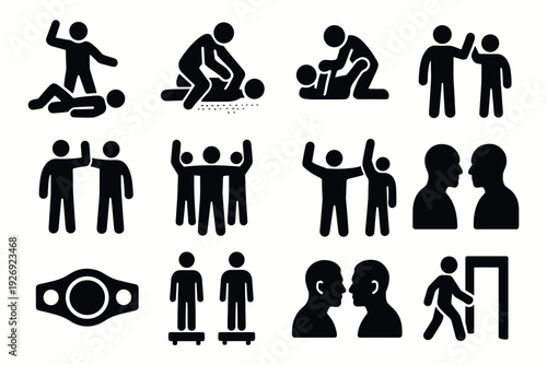 set of hand drawn silhouette mixed martial arts fighting figures icons