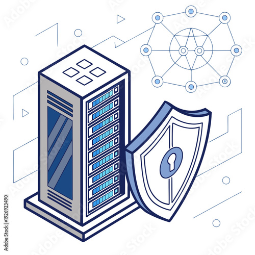 Isometric Illustration of Data Server Rack with Security Shield and Network Diagram for Cybersecurity and Cloud Computing Protection