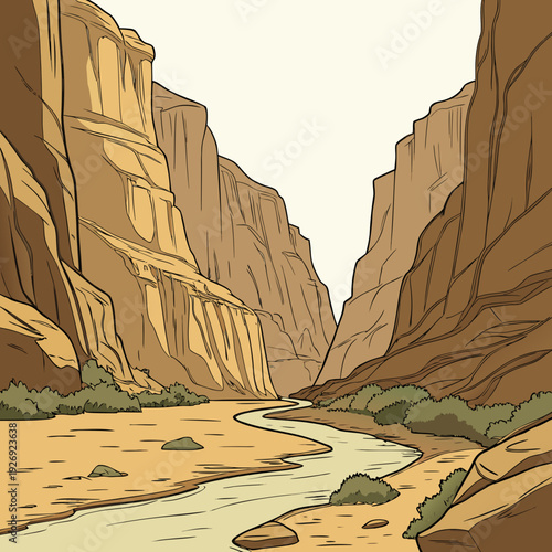 Serene River Flowing Through a Grand Desert Canyon Illustration with Lush Bushes and Rocky Terrain, Nature Landscape Vector Art