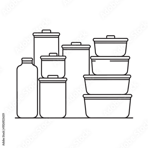 Black and white line art illustration of stacked storage containers