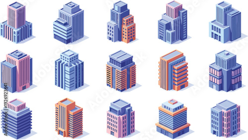 Isometric city building set with modern skyscrapers, corporate office towers, urban residential blocks, glass headquarters, and 3D architectural downtown infrastructure vector illustrations.