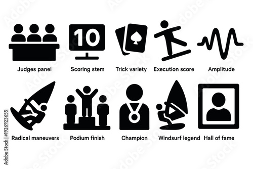 windsurfing competition icon set with judges scoring and winner celebration in simple black style