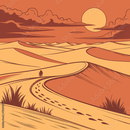 Tranquil Desert Sunset Scene Illustration with Winding Path and Footprints Across Vast Sand Dunes and Horizon in Warm Tones