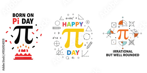 Born on Pi Day cake illustration with confetti and pi symbol.