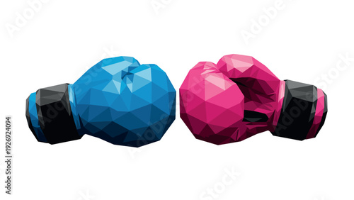 low poly blue and pink boxing gloves pair side view geometric sport equipment illustration