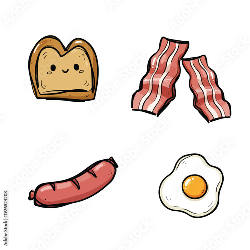 Breakfast set illustration with cute toast, bacon, sausage and fried egg. Hand drawn sketch of morning food icons. Delicious breakfast elements isolated on white background.