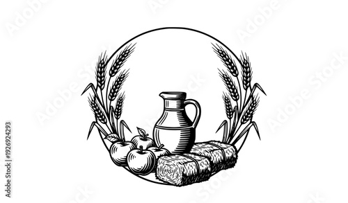 black and white Black and White Rustic Harvest Emblem with Wheat Apples Jug and Hay Bales Vector Illustration