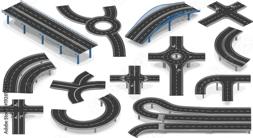 Isometric road and highway constructor set with asphalt overpasses, city roundabouts, traffic junctions, bridge sections, and curved street elements for urban infrastructure map design.
