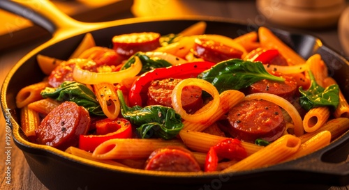 Wallpaper Mural Penne Pasta with Sausage, Spinach and Red Bell Pepper in Rustic Pan Torontodigital.ca