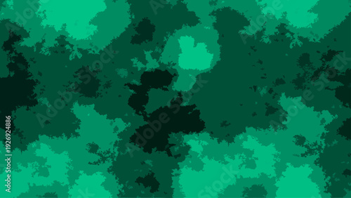 Vector Abstract digital artwork, a seamless allover pattern of layered amorphous shapes in varying shades of jade and teal green, with a dark, almost obsidian, splotch at the center.  Design