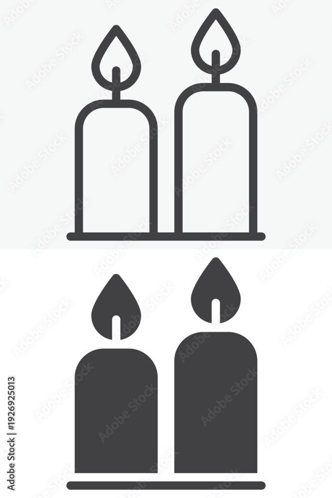 Obraz premium Two candles icon set in line and solid style. Outline and filled vector icon with editable stroke. Candle sign and symbol for decor and celebration design.
