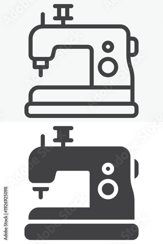 Sewing machine icon set in line and solid style. Outline and filled vector icon with editable stroke. Sewing machine sign and symbol for tailoring craft design.