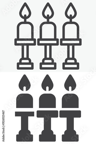 Candles and candlestick icon set in line and solid style. Outline and filled vector icon with editable stroke. Candle sign and symbol for elegant decor.