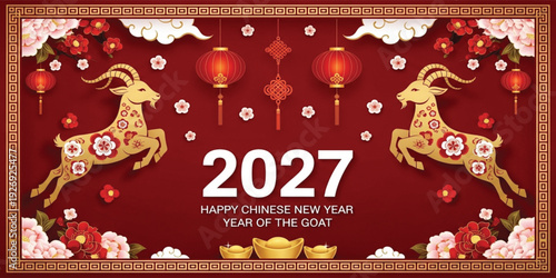 Happy Chinese New Year 2027 Year of the Goat with Lanterns, Floral Decoration and Gold Goat Zodiac on Red Traditional Festival Background Vector Design