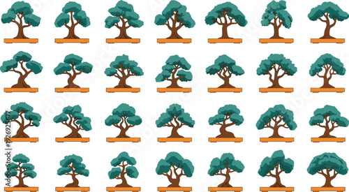 Large collection of miniature bonsai tree icons in traditional pots featuring various Japanese botanical styles isolated on white background for zen nature gardening and oriental decoration designs.