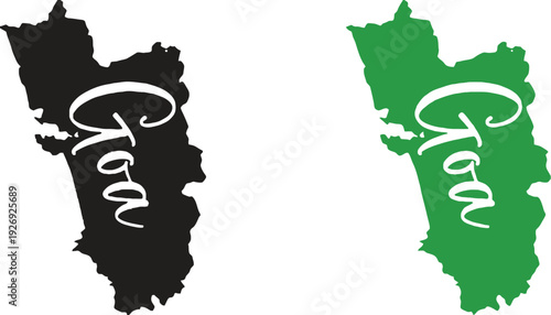 Goa map silhouette icon illustration with text in black and green