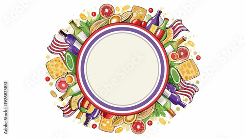 Colorful circular design with vibrant floral and geometric patterns around a central ring