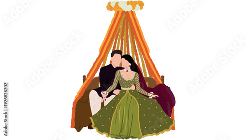 A couple sitting together in a romantic floral tent illustration