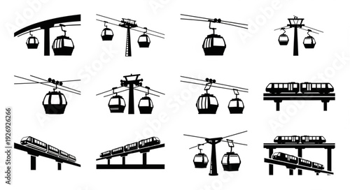 Collection of cable car and transportation silhouettes in black and white.