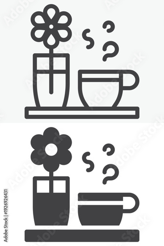 Glass vase with flower and hot coffee cup icon set in line and solid style. Outline and filled vector icon with editable stroke. Kitchen decor sign and symbol.