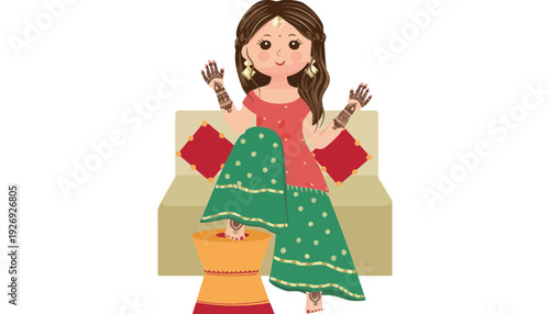 A cartoon Indian woman in traditional dress with henna on her hands