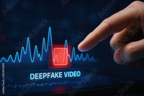 Deepfake detection ai analysis concept with waveform and fingertip pointing at alert on screen conveying concern and urgency