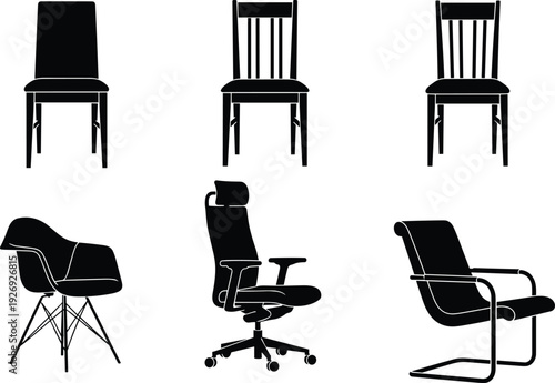 Chair silhouette icons, furniture design symbols, vector illustration, black art, minimal layout, seating graphics