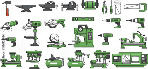 Industrial Tools and Machinery Icon Set Featuring Power Tools, Workshop Equipment, Construction Instruments and Manufacturing Machines Vector Illustration Collection